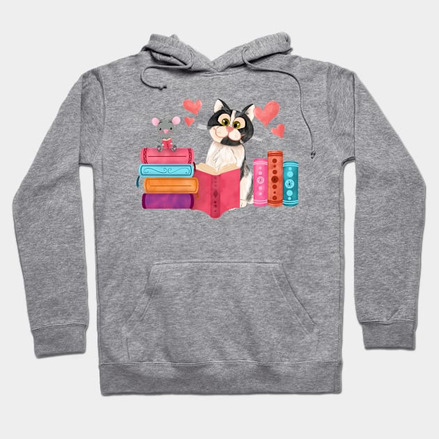 Cute little mouse and cat friend reading books Hoodie by PrintAmor